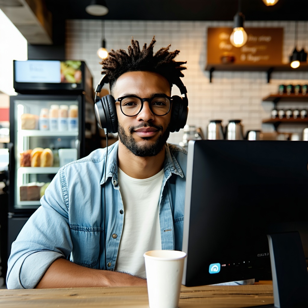 A man in front of a computer at a coffee shop headphones on and he is dressed casually-1