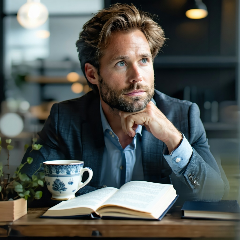 A professional person who is relaxed thoughtful and has a journal in front of them Maybe even a cup of coffee-1