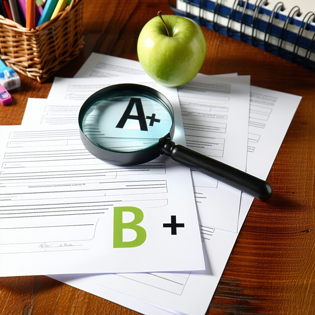 A realistic Magnifying glass over a Graded paper that has an A and a paper that is peeking through that has a B on a  wooden Desk seen from a side angle AND with an apple and a few office supplies on the table