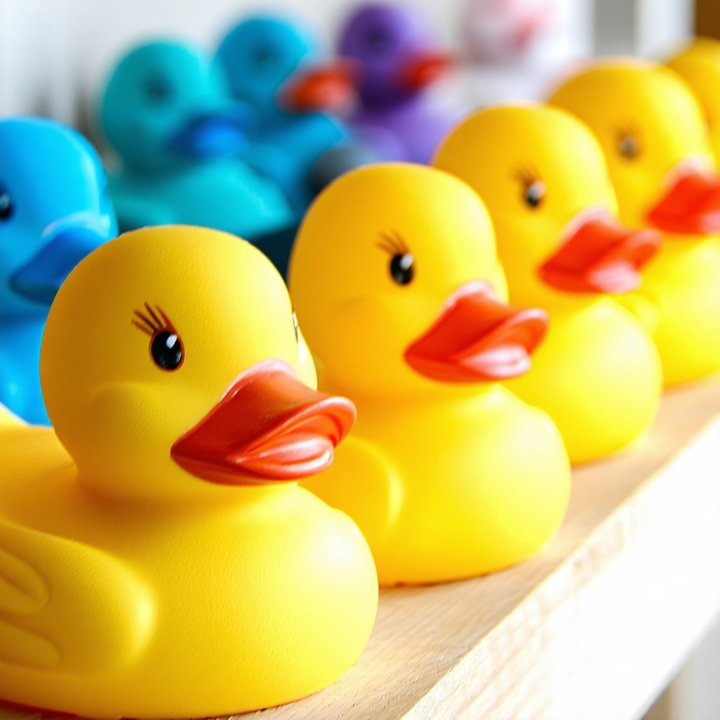 Colorful Rubber Duckys in a row on an office shelf or des-1