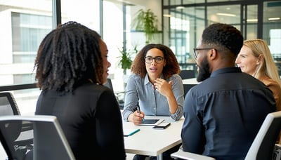 A team of diverse professionals collaborating and strategizing in an office environment A team of diverse professionals collaborating and strategizing in an office environment